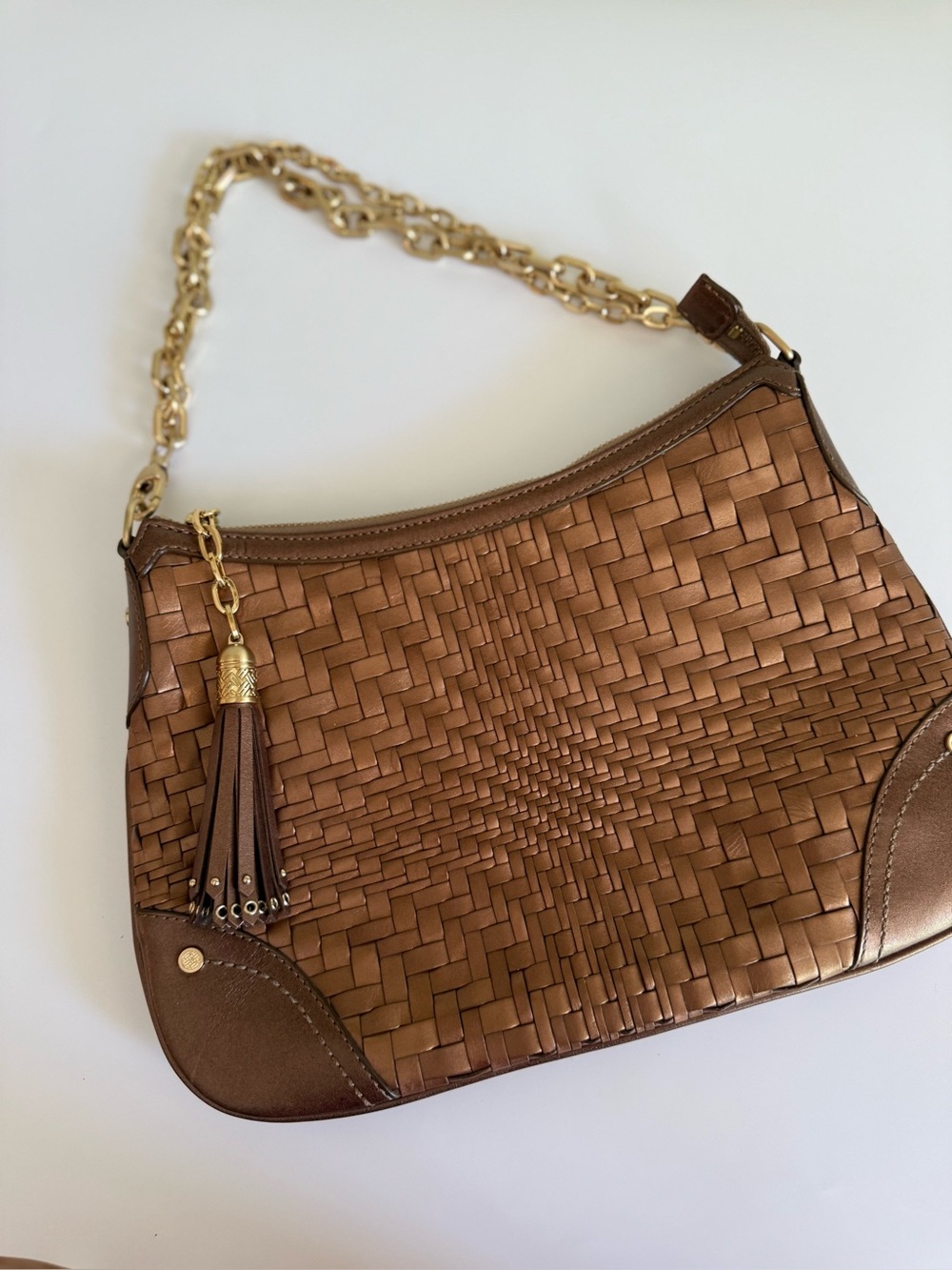 Cole Haan Woven Leather Shoulder Bag with Tassel - Brown